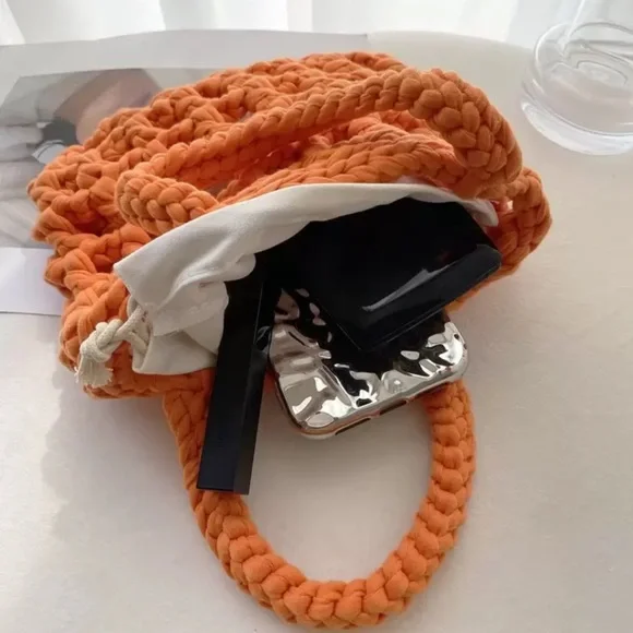Orange Minimalist Crochet Square Bag for Vacation A01 - Picture 4 of 8